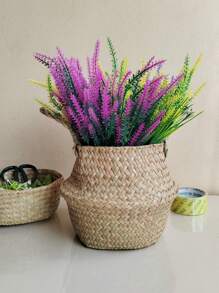 1 pieza Cesta grande de planta tejida a mano con borlas blancas, cesta de almacenamiento de paja natural de mar plegable, versátil, maceta de flores y plantas, macetero de jardín, contenedor de plantas de paja trenzada, decoración de mesa, ventana y piso para interiores y exteriores del hogar