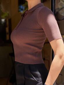 Andrea Bello Women's Short Sleeve Polo Neck Half-Zip Knitted Sweater Summer - Coffee Brown - View 6