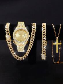 Set de 4 piezas: 1 reloj analógico de lujo de cuarzo cristalino, 2 pulseras con cuentas de estilo hip-hop, 1 collar con colgante de cruz - Accesorios de color dorado/plateado para hombres, negocios, deportes, uso diario, regalos