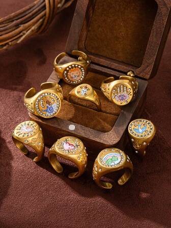 1 st sommarmode i rostfritt stål, populär ring med lejon och sjöjungfrumotiv, målad för alla hjärtans dag. Pläterad med 18 karat guld, vattentät och svettbeständig, lämplig för alla hjärtans dag och helgdagar, utomhusaktiviteter och helgutflykter. Damsmycken.