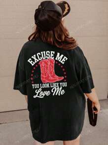 Women's Plus Size Summer Casual Resort Colorful Lettering Simple Boots Alphabet Print Pattern Crew Neck T-Shirt Fashionable Versatile Girl. Graphic T-Shirt Women's White Plus Size Top