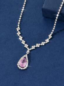 Collar con colgante de gota de agua de circonia elegante color rosa, collar de estilo de fiesta de lujo para mujer, collar de regalo delicado