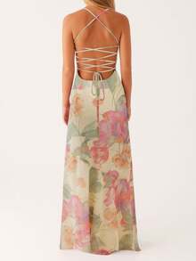 Women's Y2K Summer Maxi Dress Floral Print Sleeveless Cami Long Dress Cross Tie-Up Backless Fashion Spaghetti Strap Dress Beach Vacation Streetwear - 彩色 - 查看 4