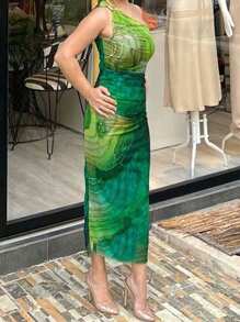 Women's Elegant Asymmetrical Neck Sleeveless Ruched Split Thigh Midi Cocktail Dress