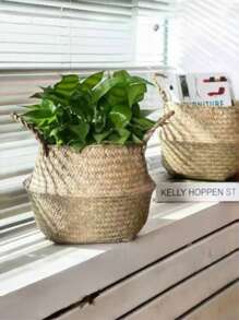 1 pieza Cesta grande de planta tejida a mano con borlas blancas, cesta de almacenamiento de paja natural de mar plegable, versátil, maceta de flores y plantas, macetero de jardín, contenedor de plantas de paja trenzada, decoración de mesa, ventana y piso para interiores y exteriores del hogar