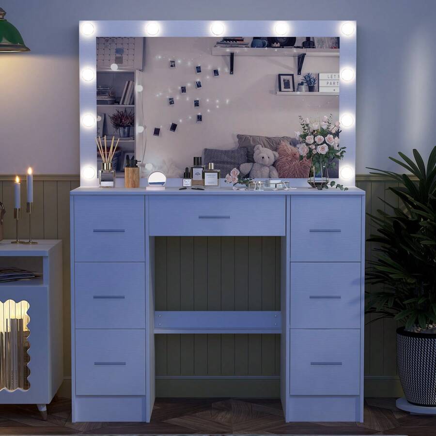 White Dressing Table 11 LED Lighted Mirror, 3 Color Modes Adjustable Brightness Mirror Dressing Makeup Table,Vanity Set 7 Drawers Dresser 39.4 X 15.7 X 55.2 Inch