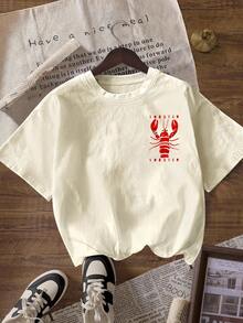 تي شيرت نسائي كاجوال بياقة طاقم وأكمام قصيرة مطبوع عليه رسم سرطان البحر، للخروج الصيفي