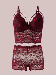 Set de 3 piezas Ropa interior de mujer con encaje francés romántico y sexy, que incluye sujetador sin aros con espalda descubierta y camiseta