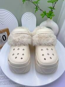 Solid Color Warm Home Slippers, Wool Warm Lining Thick Sole Anti-Slip Shoes, Winter Plush Comfortable Shoes, High Heel Sandals