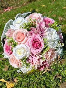 1朵新娘婚禮花束，象牙白新娘花束，人造花婚禮花束，帶絲帶伴娘花束，情人節，裝飾珍珠蕾絲網玫瑰花束