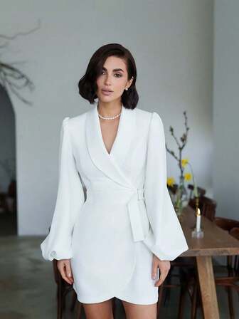 Women's Solid Color Shawl Collar Lantern Sleeve Elegant Minimalist Fashion Dress