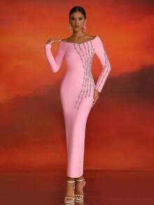 LOVE Aing Elegant Women's Off Shoulder Long Sleeve Luxury Evening Dress With Handcrafted Rhinestones, Backless Design, Suitable For Weddings - Pink - View 3