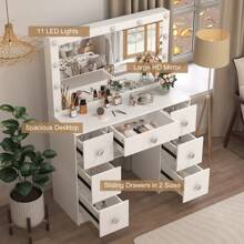 Vanity Dressing Table Desk Set With LED Lighted Mirror 7 Drawers Crystal Handle  Vanity Dressing Table Desk Set