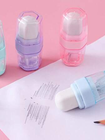 1个/2个/4个随机颜色创意文具二合一削笔器和橡皮擦，便携式小巧削笔器，新奇文具，学生学习用品，完美礼物，返校季礼物，节日礼物，办公用品