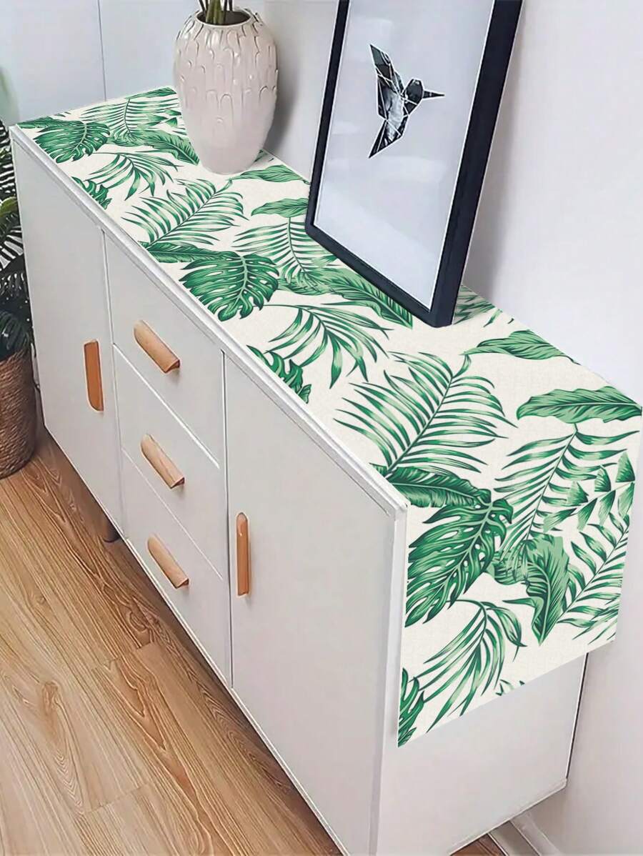 1pc Green Leaf Print Minimalist Table Runner, Suitable For Restaurant, Kitchen, Outdoor Party