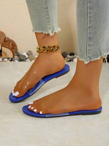 Sandalias de dedo tipo chanclas para mujer talla grande, sandalias planas de gelatina con punta abierta y fácil de poner, apropiadas para pies grandes - Azul - Ver 5