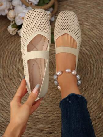 女士编织玛丽珍平底鞋，方头网眼透气鞋，舒适优雅的平针织一脚蹬