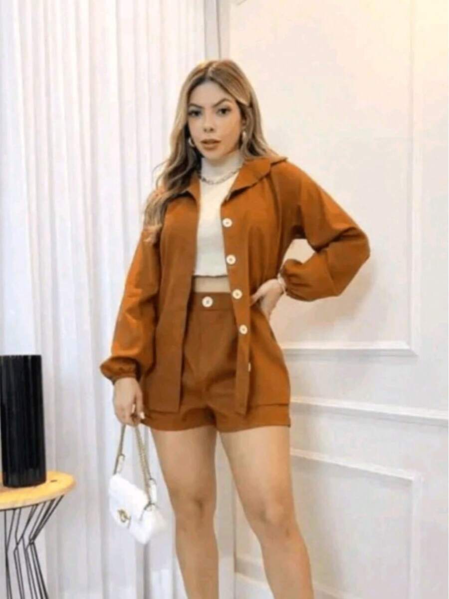 Linen Shirt And Shorts Set Nair - Camel - View 1