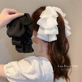 1pc Premium Chiffon Bow Banana Hair Clip, New Elegant Ponytail Hair Clamp, High-End Hairstyle Accessory, School Stuff, College