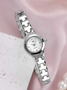 jw 1 Pieza Reloj de mujer Premium de color rosa, dulce y delicado, con caja de aleación redonda, esfera de moda con escala de cristales, reloj de cuarzo elegante, fácil de llevar, adecuado para decoración diaria, regalo de vuelta al colegio para estudiantes