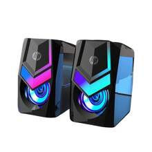 HP صوت الكمبيوتر DHE-6000 مكبر صوت صغير لا يشغل سطح المكتب تأثير إضاءة RGB جهير مرتفع ضبط مستوى الصوت سلكيًا من النوع الأسطواني التوصيل والتشغيل التوافق الذكي أسود