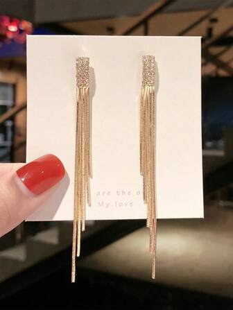 1 par de pendientes de gota con flecos largos y de piedras de estrás minimalistas para mujeres, aptos para uso diario