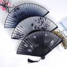 1pc Chinese Style Ink Painting Folding Fan, New Classical Retro Cheongsam Prop, Summer Portable Folding Fan, Varies Hole - Brown - View 5