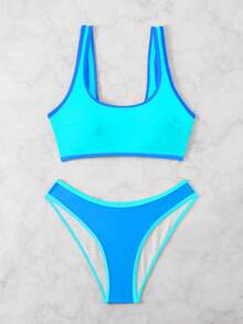 1 Set Damen 2 Teiliger Bikini Badeanzug, Kontrastfarbiges Patchwork, frisch und einfach in einheitlicher Bonbonfarbe, modisch-lässiger Badeanzug