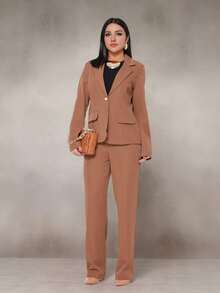 WUUW Women Office Formal Suit Set, Elegant Business Formal Set, 2 Piece Set, Plain/Button/Pocket/Zipper/Office - Lạc đà - Xem 1