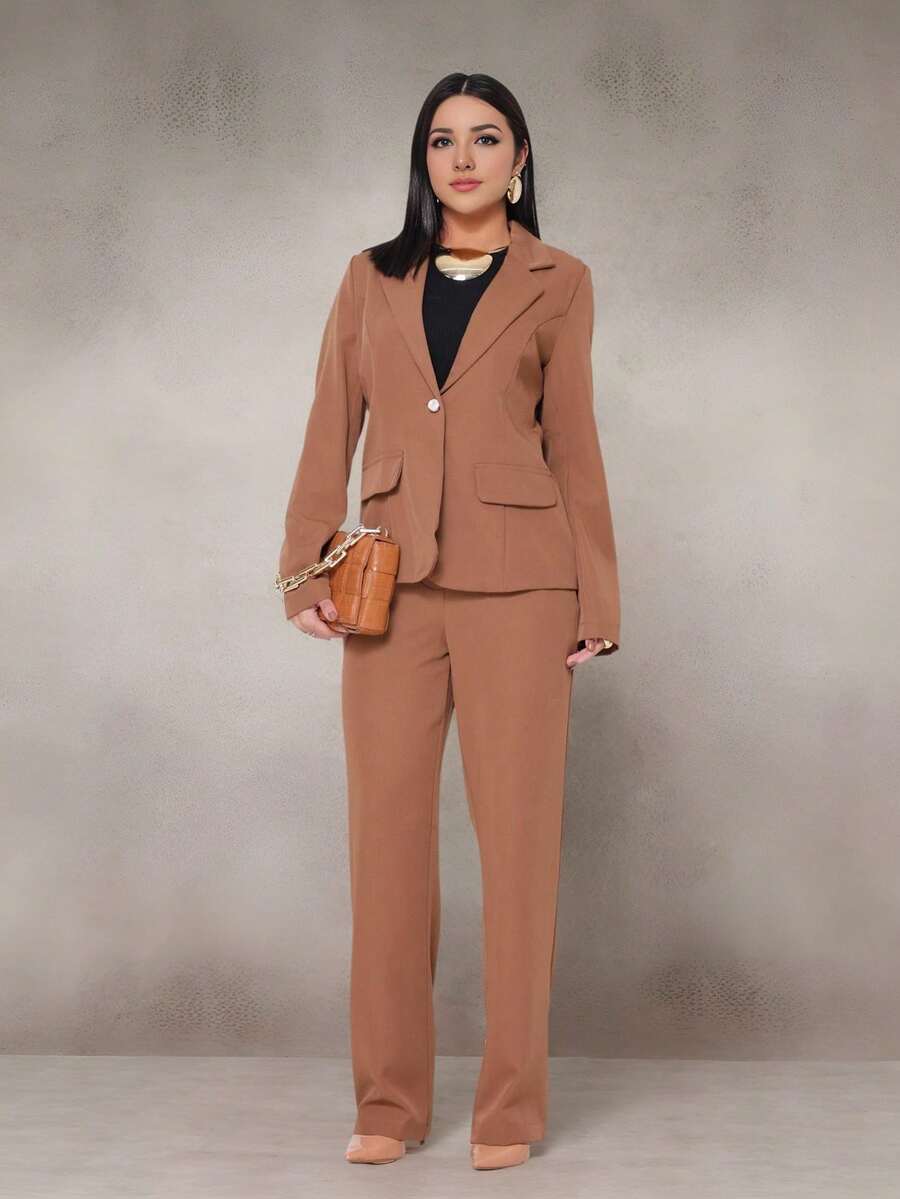 WUUW Women Office Formal Suit Set, Elegant Business Formal Set, 2 Piece Set, Plain/Button/Pocket/Zipper/Office - Lạc đà - Xem 1