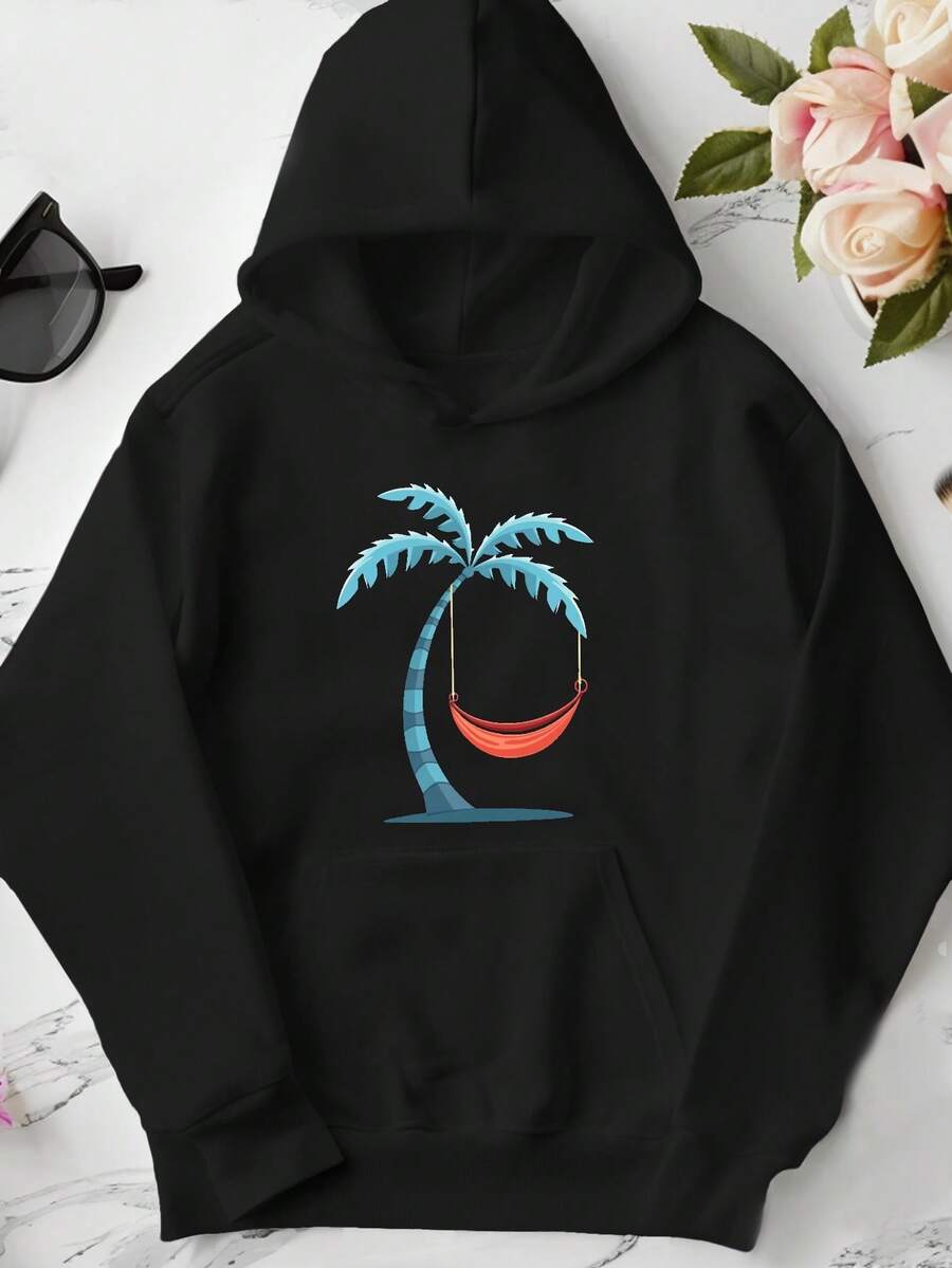 Palm Tree Red Hammock Minimalist  Women's Plus Size Casual Hoodies,  Vintage Graphic Tops,Daily Wear,Season,School,Holiday,Casual,Festival,Now, Fashion,Hip Hop - 黑色 - 查看 1