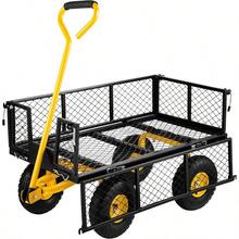 VEVOR Carro de jardin de acero resistente capacidad de 500 libras con lados de malla extraibles para convertir en cama plana carro de metal utilitario con mango giratorio de 180° y neumaticos de 10 - negro+amarillo - Ver 9