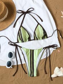 New 2pcs Swimwear Women Fashion Backless Bikini Ditsy Floral Metal Decor Swimwear Vacation Beach Summer - Multicolor - View 3