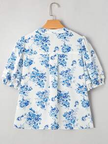 Acelitt Áo sơ mi casual tay bồng xếp lớp họa tiết hoa màu xanh da trời nhạt, cài cúc phía trước. - Màu xanh lam - Xem 5