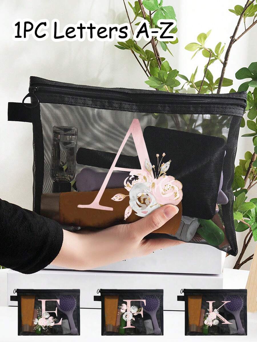 1pc Transparent Mesh Pencil Case With Pastel Floral & Letter Pattern, Suitable For Back To School And Summer - Fashionable, Zippered, Foldable, Lightweight, And Fade-Resistant Design. Makeup Bag, Cosmetic Bag, Toiletry Bag, Travel Bag,Pouch,Makeup Pouch,Travel Essential - Multicolor - View 1