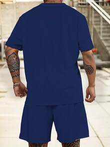 Plaid Contrast Design Print | Plus Size Men's Short Sleeve Set | 3D Graphic Round Neck Top | Stretchy Breathable Polyester | Casual Sporty Style | Plus Size Loose Fit | Everyday & Party Wear - Multicolor - View 2