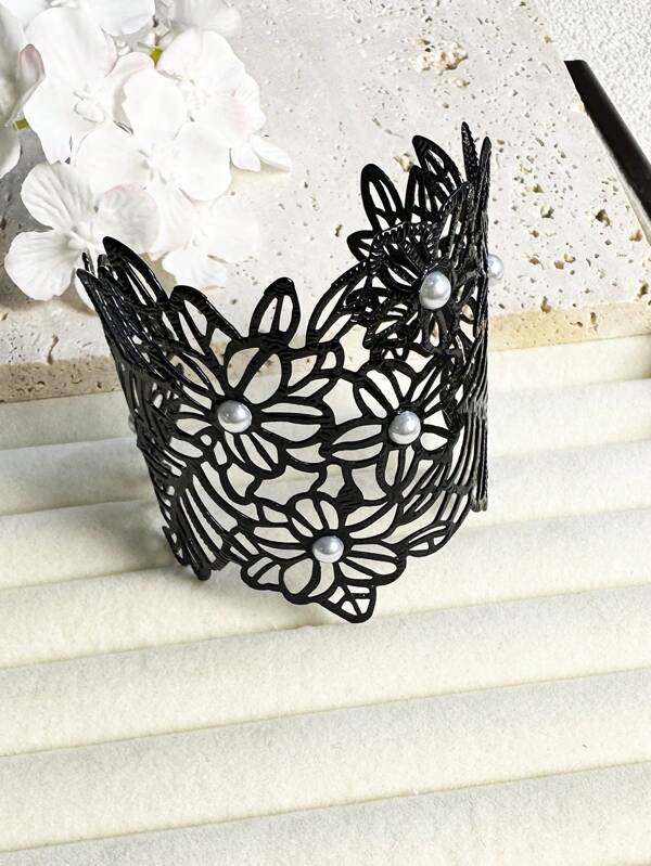 1 Stück vintage französisch schwarzes Spitzen Muster Ausschnitt verstellbarer Armreif