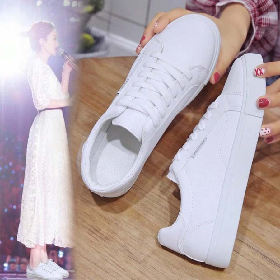 Desginer Women Sneakers Breathable Students Casual Sports Shoes Girl Flat Leather Pu White Shoes Woman Vulcanize Shoes - Màu xanh lam - Xem 1