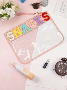 Fashionable Snack Storage Bag, Outdoor Travel Cosmetic Bag, Portable Women's Clutch Bag Storage Bag, Letter Printed Makeup Bag, PVC Waterproof Portable Cosmetic Storage Bag Toiletry Bags Summer Travel Essentials For Beach Vacation Holiday School Supplies Dorm Essentials Back To School Purse Travel Accessories Summer Beach Bag Tote Bag Wallet MakeUp Bag Car Accessories
