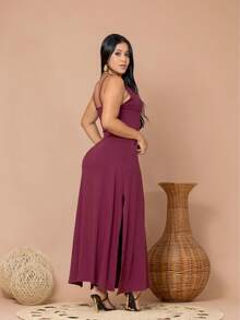 Long Dress All-Over Print Sexy Mesh Split Side Slit Dress Birthday Party Formal And Evening Casual - Màu Đỏ Sâu - Xem 2