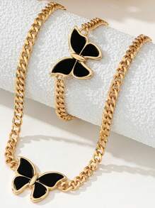 1 Set Vintage Thick Chain Butterfly Pendant Necklace & Bracelet