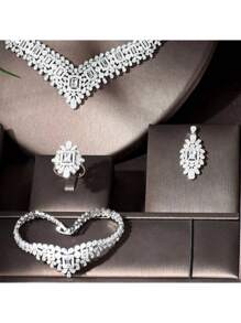 1 conjunto de lindos colares, brincos e pulseiras de zircônia cúbica quadrada, joias para mulheres, acessórios para vestidos de festa de casamento e baile