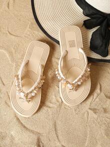 Handmade Natural Shell And Starfish Rhinestone Decorated Strap, Straw Design Flat-Soled Fashionable Casual Beach Sandals, Suitable For Summer Beaches, Vacations, Travel, Embossed Soothing Upper, Women's Soft-Soled Non-Slip Flat Flip-Flops