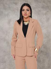 WUUW Women Office Formal Suit Set, Elegant Business Formal Set, 2 Piece Set, Plain/Button/Pocket/Zipper/Office - Màu Khaki - Xem 5