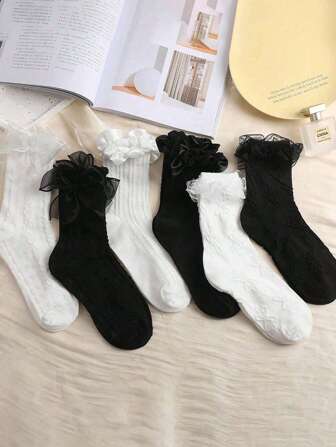 5 Pairs Random Women Bowknot Ruffle Lace Trim Thin Ankle Socks, White/Black, Soft & Comfortable Minimalist Lace Socks, Suitable For Daily Wear And Outdoor Outfits