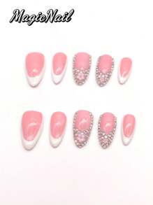 10 Pieces Of Pure Hand-Pressed Wearing Nails, 25mm Long Nail Pieces, Flesh Pink And White Contrasting Colors, Some Nail Pieces Are Covered With Glitter Diamond 3D Pink Flowers. Spring And Summer Style, Cute Nail Plate, Can Be Reused. It Is Suitable For Daily Leisure Vacations, And It Is Worn When Participating In Dances, Banquets, Parties, Shows And Other Activities.