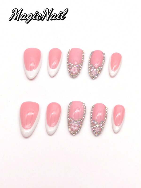 10 Pieces Of Pure Hand-Pressed Wearing Nails, 25mm Long Nail Pieces, Flesh Pink And White Contrasting Colors, Some Nail Pieces Are Covered With Glitter Diamond 3D Pink Flowers. Spring And Summer Style, Cute Nail Plate, Can Be Reused. It Is Suitable For Daily Leisure Vacations, And It Is Worn When Participating In Dances, Banquets, Parties, Shows And Other Activities.