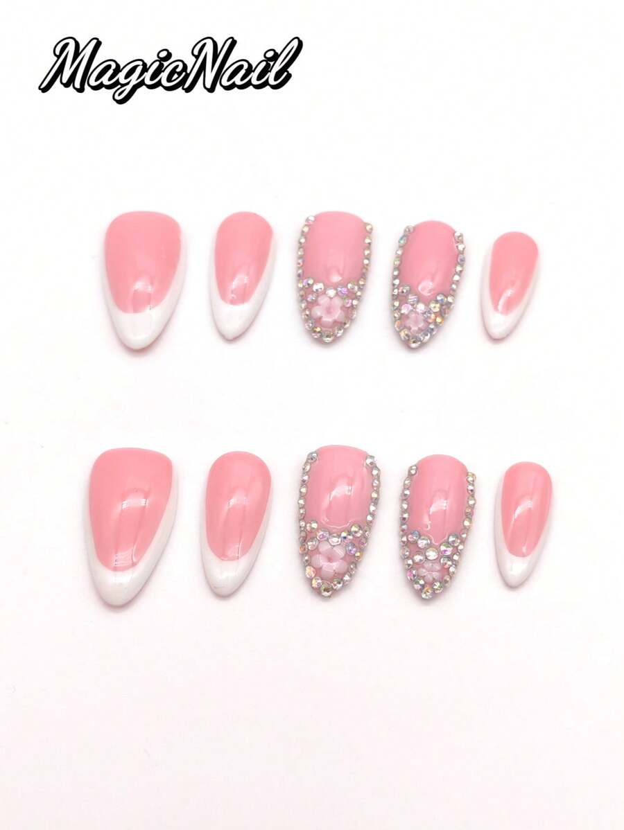 10 Pieces Of Pure Hand-Pressed Wearing Nails, 25mm Long Nail Pieces, Flesh Pink And White Contrasting Colors, Some Nail Pieces Are Covered With Glitter Diamond 3D Pink Flowers. Spring And Summer Style, Cute Nail Plate, Can Be Reused. It Is Suitable For Daily Leisure Vacations, And It Is Worn When Participating In Dances, Banquets, Parties, Shows And Other Activities.