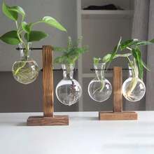 Maceta de cristal creativa para escritorio, florero con bombilla, soporte de madera, contenedor de plantas hidropónicas, jarrones de decoración de mesa para el hogar - B - Ver 1