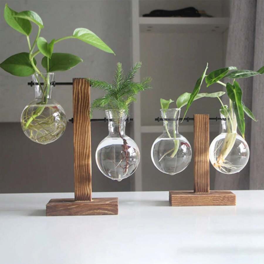 Maceta de cristal creativa para escritorio, florero con bombilla, soporte de madera, contenedor de plantas hidropónicas, jarrones de decoración de mesa para el hogar - B - Ver 1